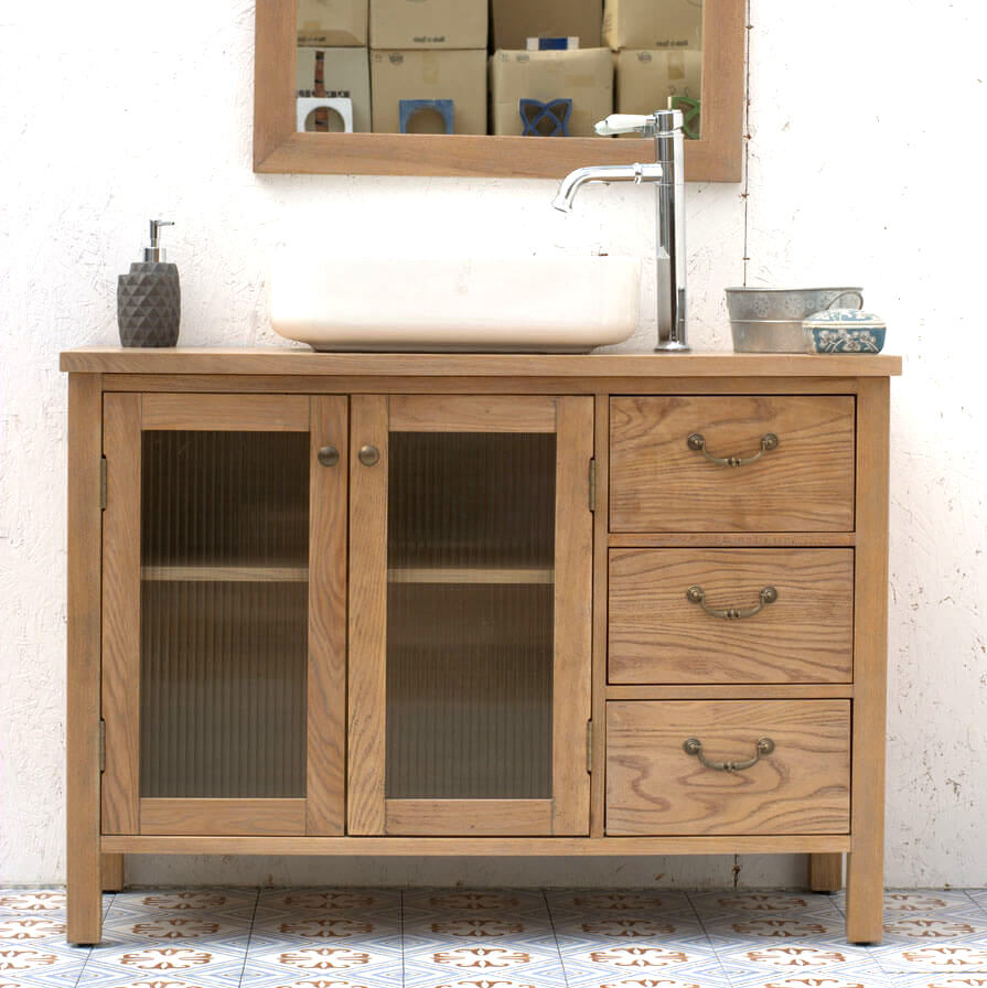 ארון אמבטיה עץ טבעי דלתות זכוכית ענבל אריחים מצוירים