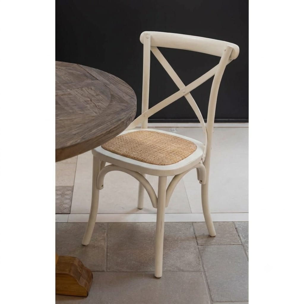 "כסא איקס (Cross-back) עשוי עץ מלא בצבע שמנת עם מושב ראטן קלוע טבעי, לפינת אוכל בסגנון כפרי מעוצב.